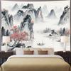 Chinese Ink Landscape Tapestry, Misty Mountains With Red Trees And Boat On Calm River Print Wall Hanging For Home Decor