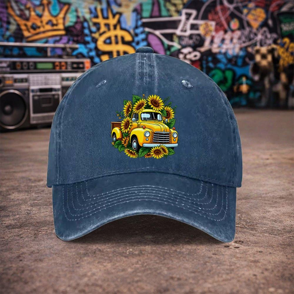 Unisex Sunflower Vintage Truck Washed Baseball Cap  Unisexs Duckbill Hat  Fun Print  Birthday Gift for Dad or Grandpa