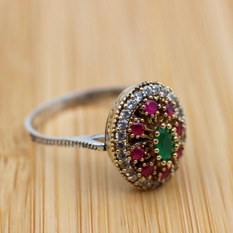 Retro Boho Red Cubic Zirconia Two Tone Golden Ring for Women Unique Turkish Handmade Ring Daily Party Vacation Jewelry Gifts