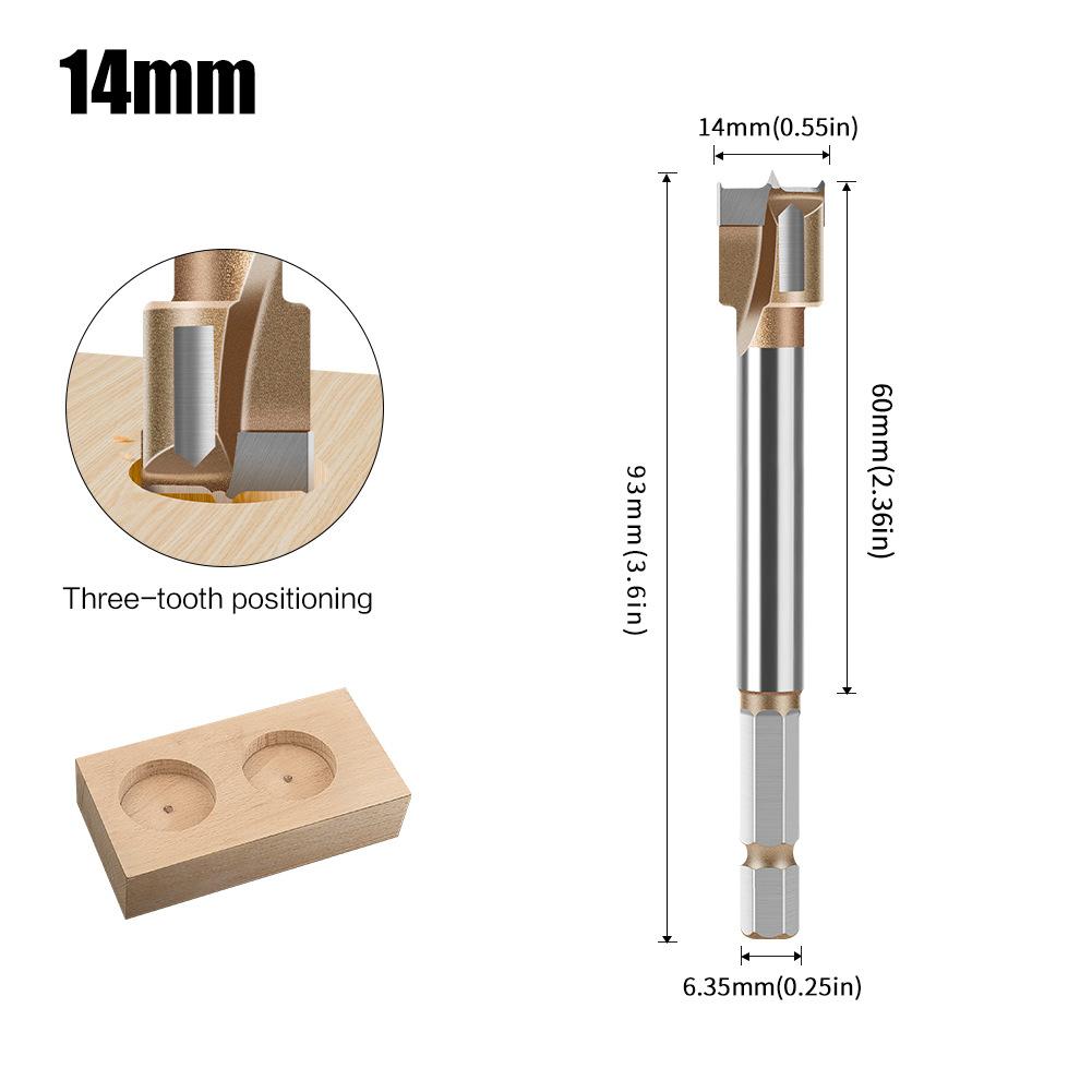 10mm to 50mm Professional Hexagonal Shank Woodworking Hinge Boring Bit Tungsten Carbide Blade Three-Tooth Double Blade Design