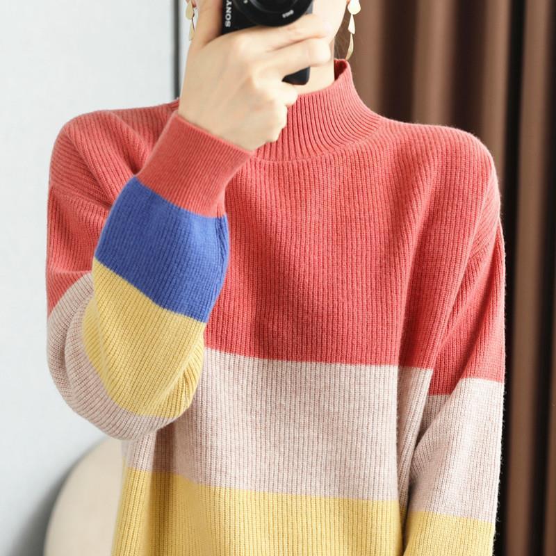 2025 Spring Color Block Striped Knitwear – Loose, Slimming, Lazy Style Top
