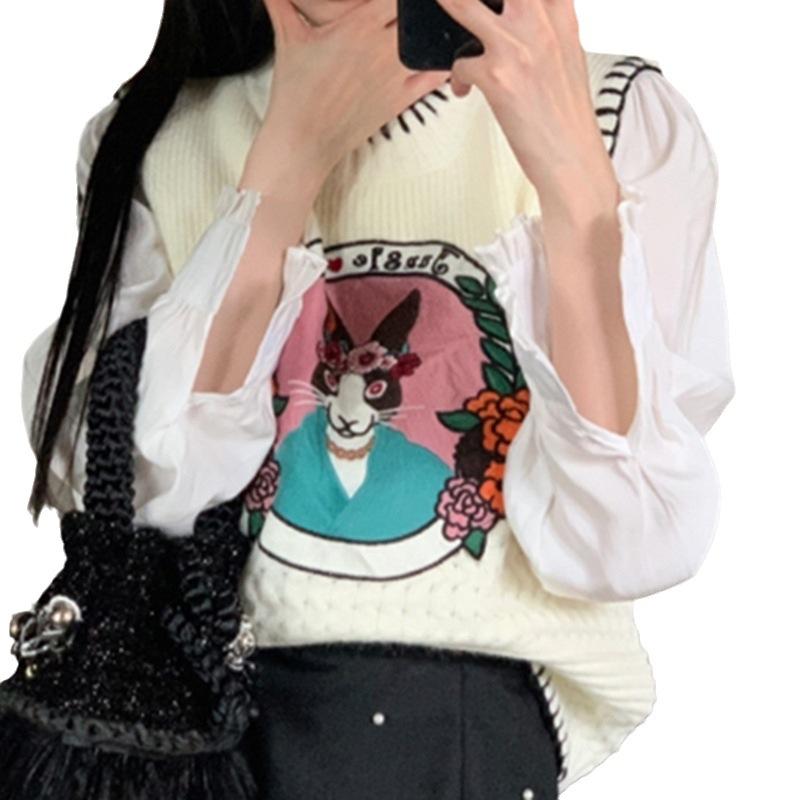 2023 Autumn New Versatile Cartoon Pattern Pullover Sleeveless Sweater Top Women's Knitted Tank Top Vest
