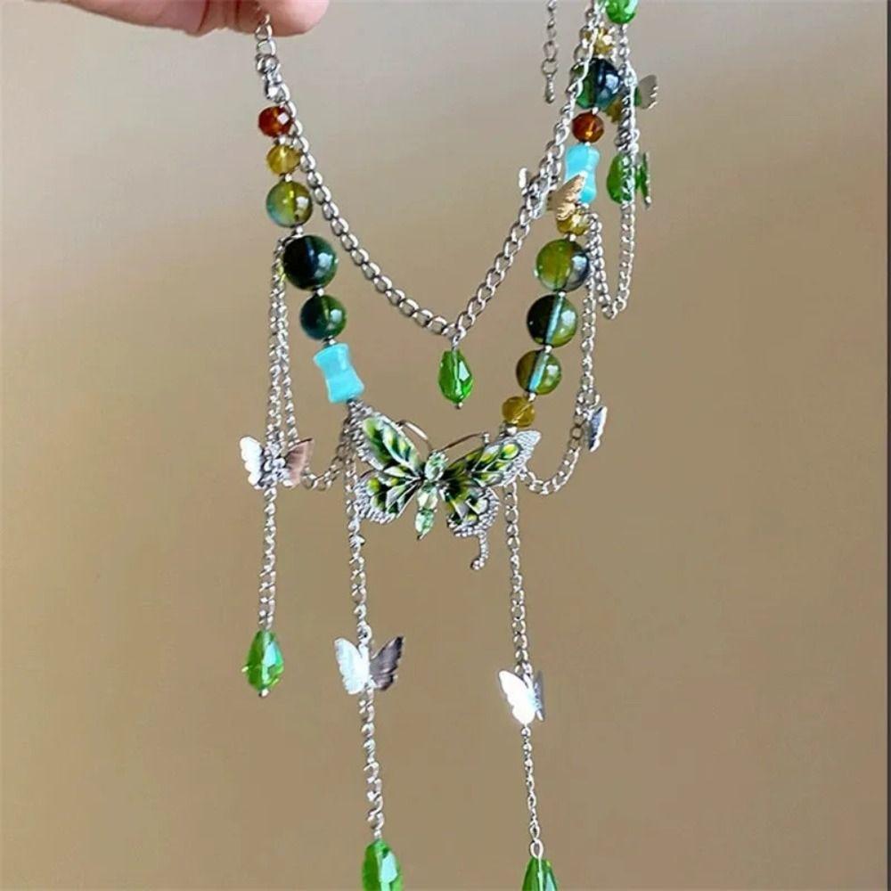 Y 2 K Choker Chain Necklace Green Crystal Rhinestone Butterfly Necklace Collarbone Chain