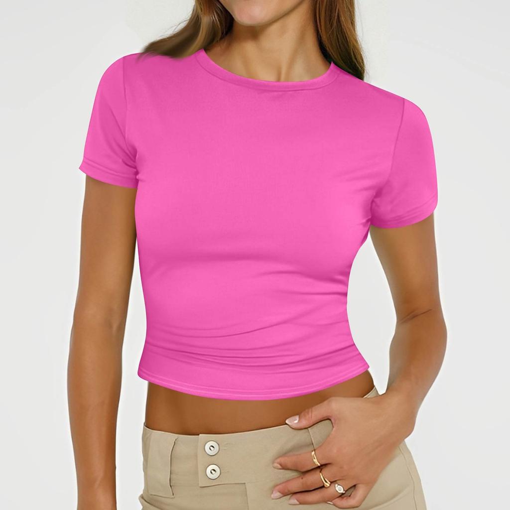 Ladies Summer Fashion Casual Color Round Neck Short Sleeve Slim Ribbed Top