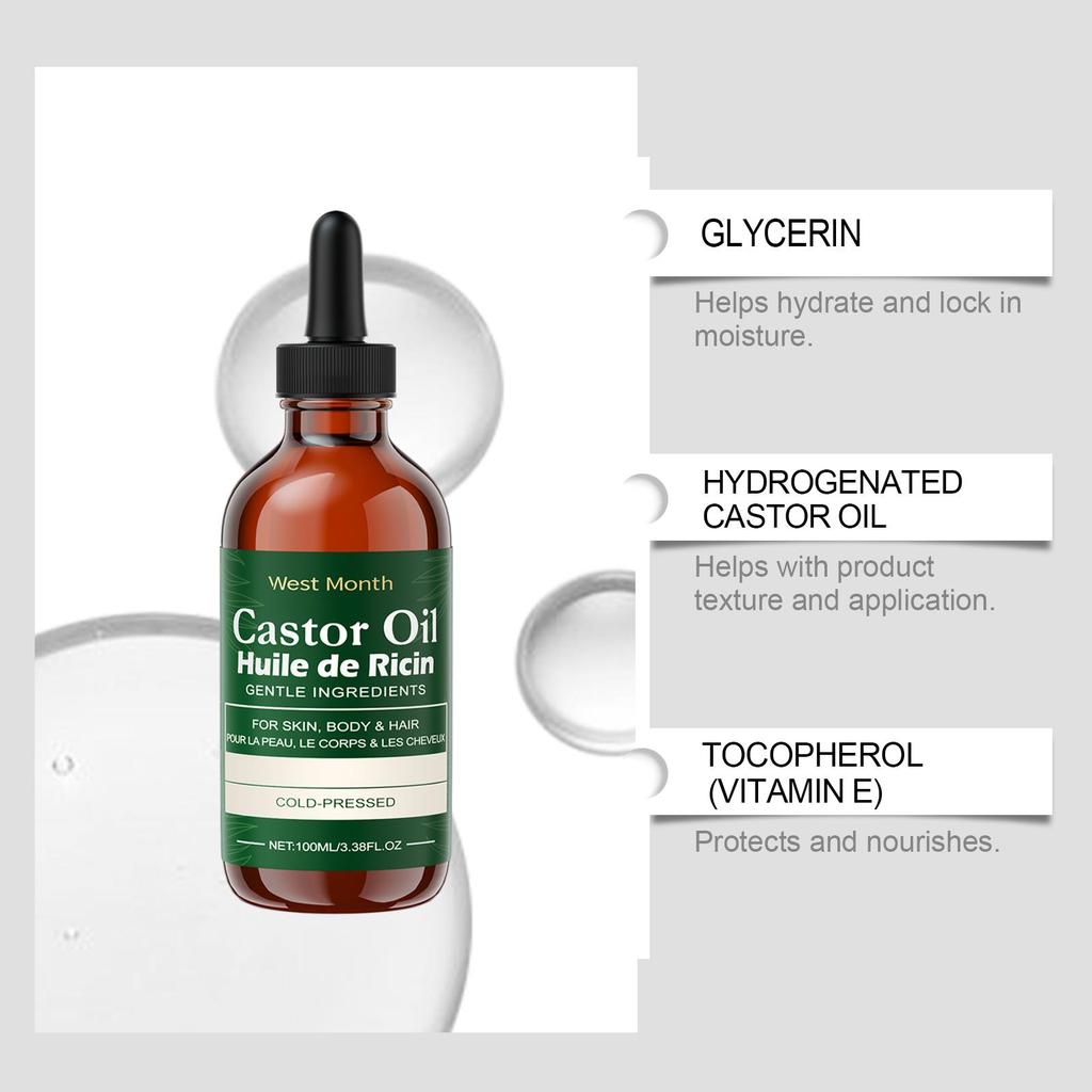 West Month Ricinový olej Péče Esenciální olej Hydratační a vyživující péče pro řasy, obočí, vlasy a pokožku Vhodný pro použití na celé tělo 100 ml