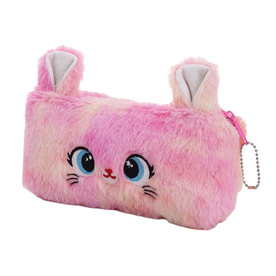 Stationery Box Flannel Pencil Case Zipper Closure Portable Cat Pattern Makeup Pouch Large Capacity