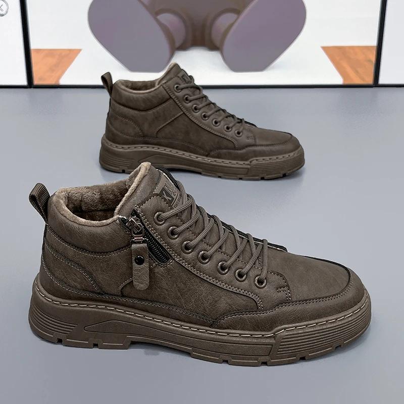 Fashion Leather Men's Boots 2024 new Winter Platform Warm Fur Ankle Short Lace Up Fashion Novelty Concise Casual Work cotton Shoes Botas