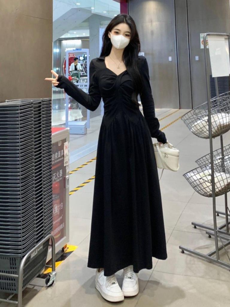 Autumn Black V-Neck Long-Sleeve Hepburn Dress - Plus Size Slimming Waist-Cinching Skirt