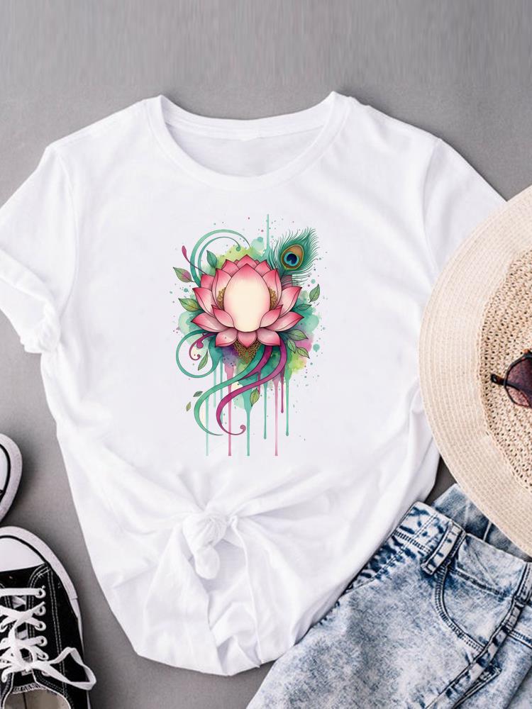 (Asian Size) flower watercolor cute Casual Women's Top Print Short Sleeve T-shirts T Clothing O-neck Fashion Female Graphic Tee