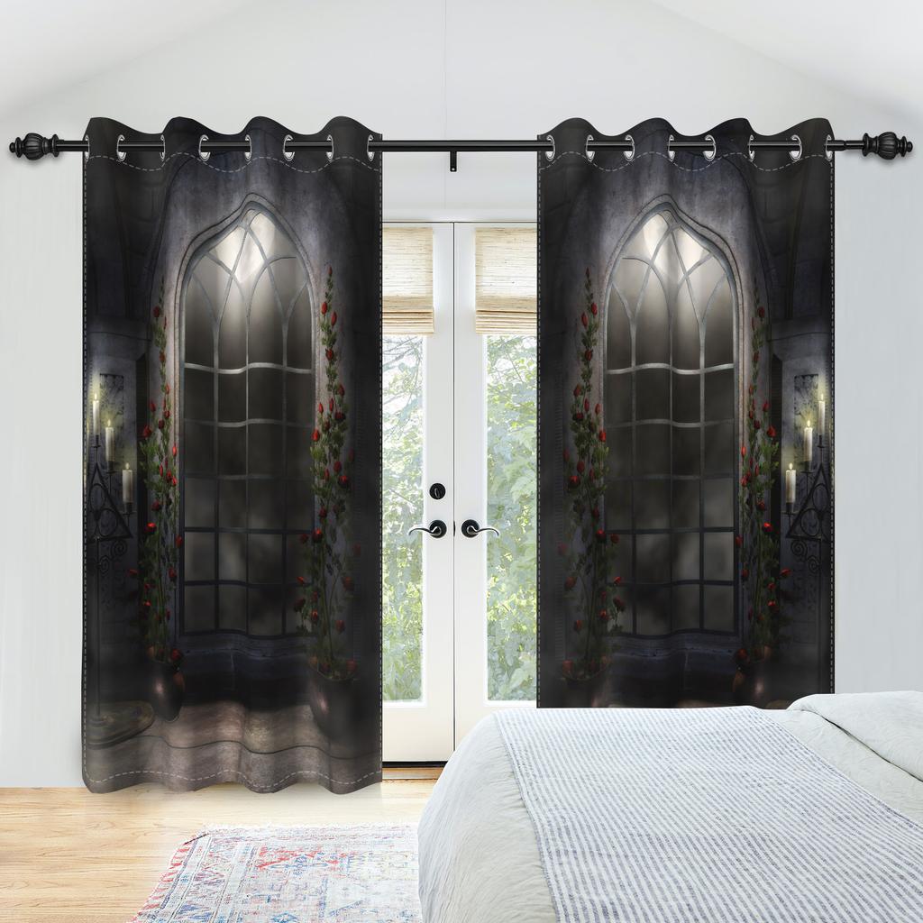 2pcs/set Horror Halloween Window Curtain Night Gate Skeleton Home Bedroom Living Room Decor Blackout Polyester Fabric Curtains