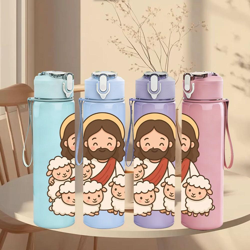 1PC Jesus Surrounded By Sheep Print 750ml Color Plastic Sports Water Bottle Leakproof Flip Straw Lid Suitable for Sports Office Home Use