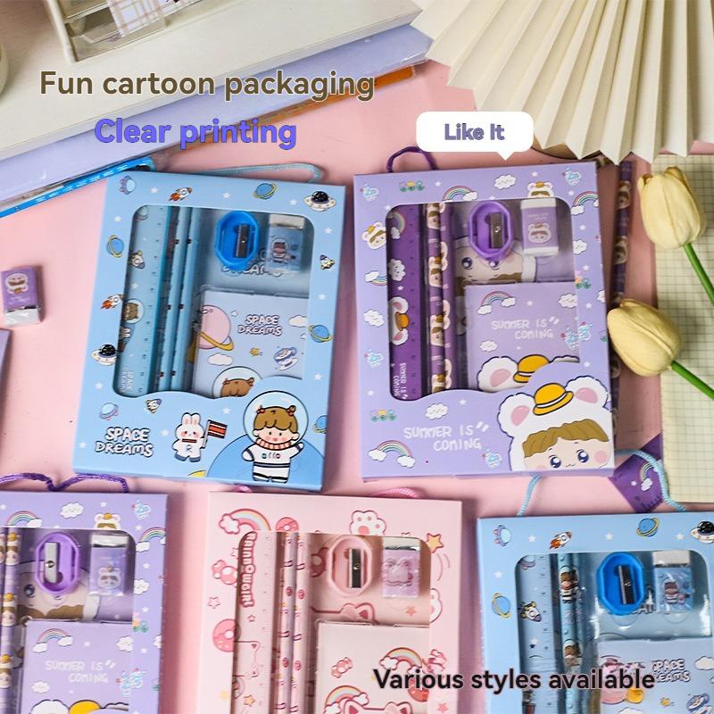 Cute 6-in-1 Stationery Set Cartoon Rabbit Bear Student Stationery Bag Portable Kindergarten Learning Gifts School Supplies