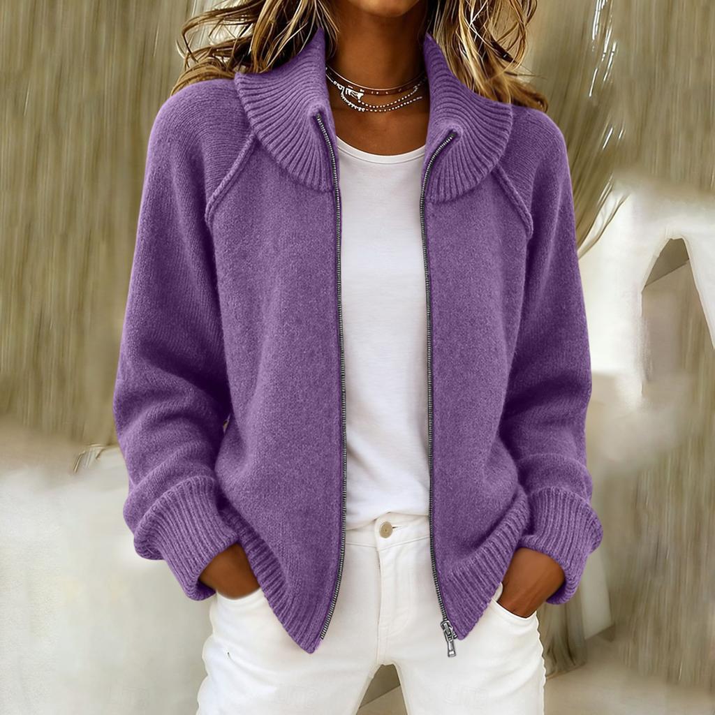 Cardigan lavorato a maglia da donna con zip a colori, vestibilità rilassata e colletto alla coreana, per l'uso quotidiano