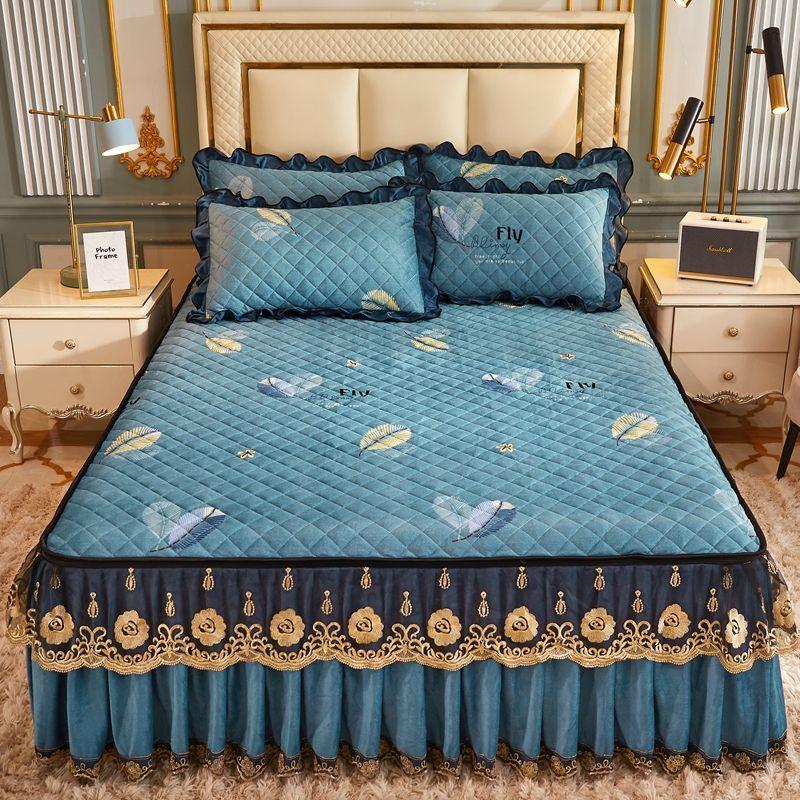 High Grade Winter Crystal Velvet Thicken Quilted Bedspread King Queen Size Flannel Quilting Bed Skirt Including Pillowcase