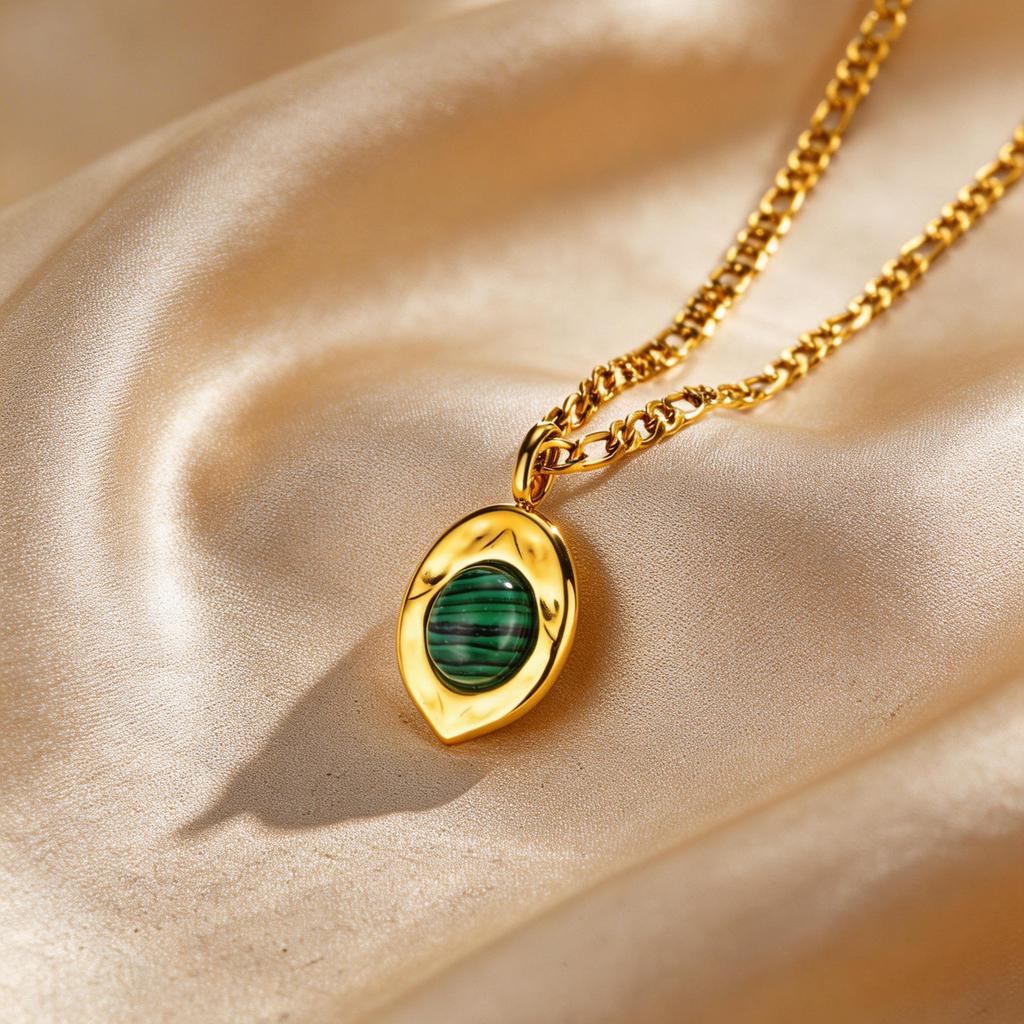 Vintage Oval Gemstone Pendant Necklace for Women, Nature Malachite Opal Stone Stainless Steel Figaro Chain Waterproof Jewelry