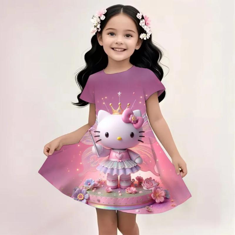 2026 Girl Short-Sleeved Dress Cute Kuromi Hello Kitty print Skirt Summer New Clothes Original Brand Clothing Children's sleep