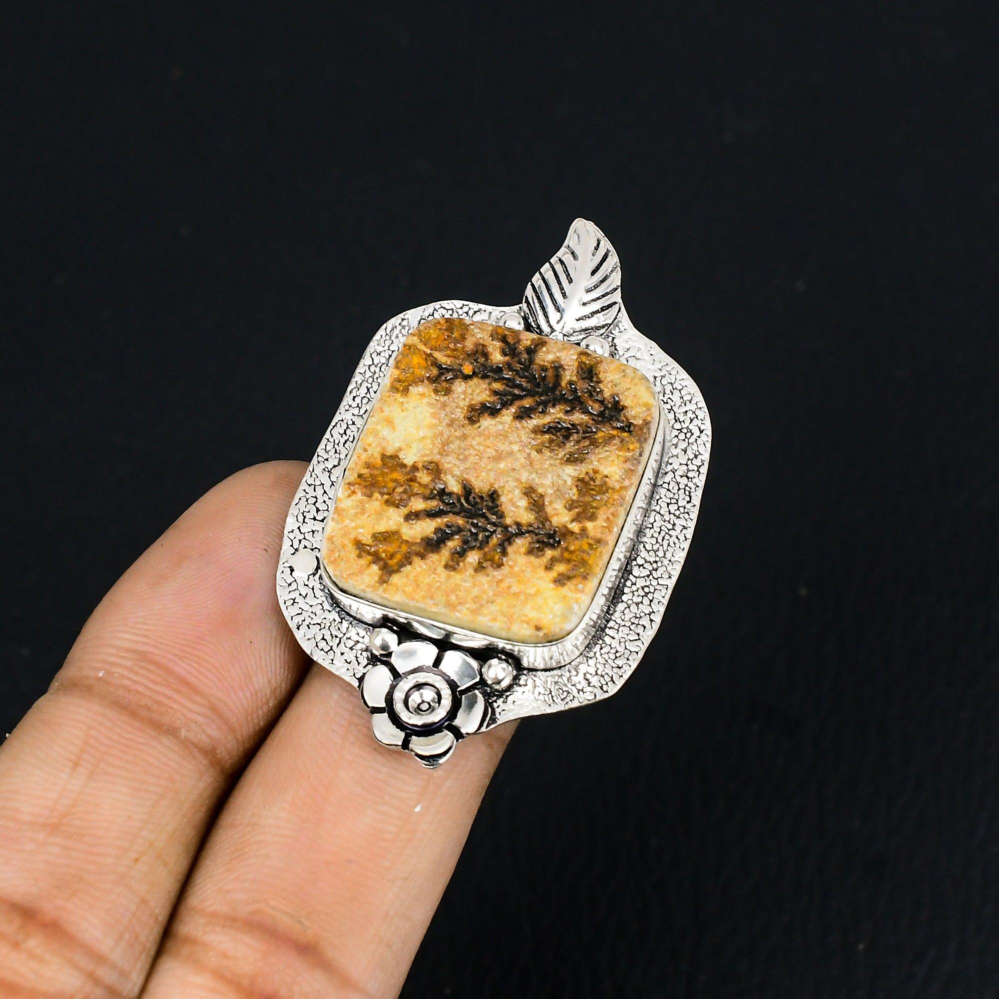 Sterling Silver Natural Psilomelane Dendrite Solitaire Flower Ethnic Ring US 7.5 7.5