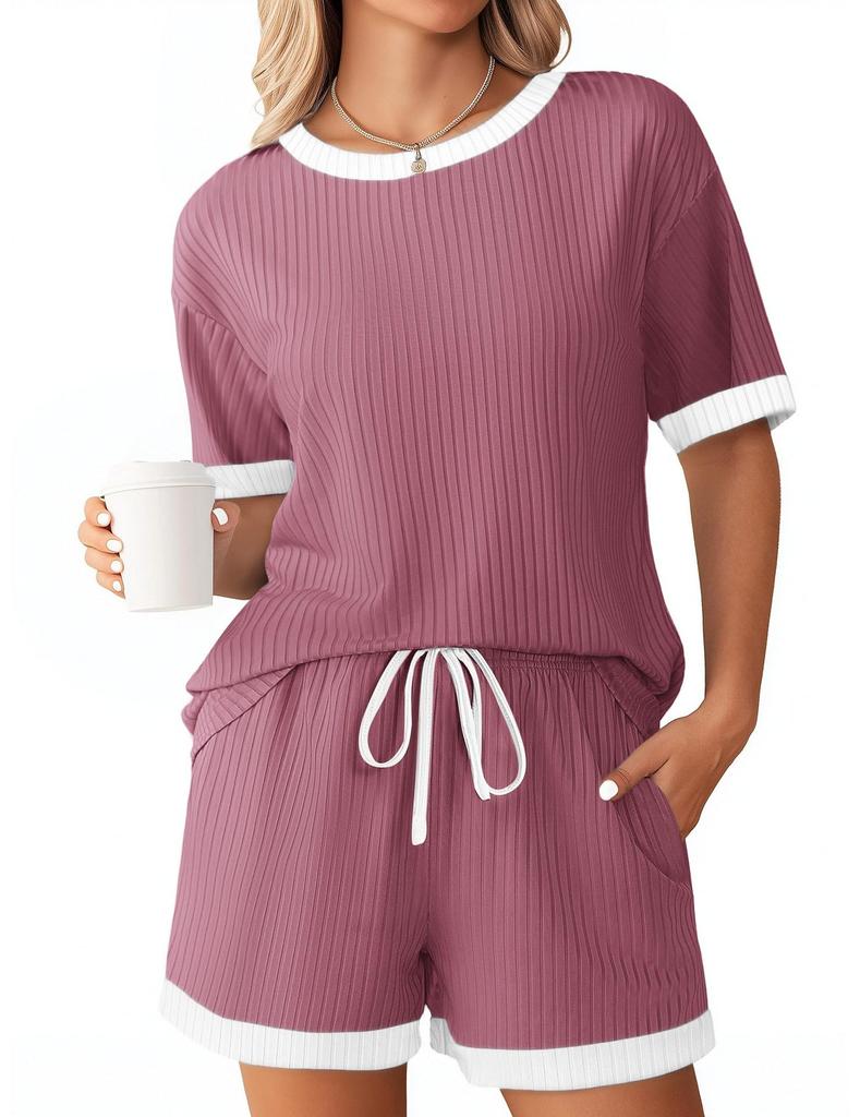 Women's Ribbed Short Sleeve Top and Shorts Set, Casual Loungewear with Contrast Trim, Multiple Color Options