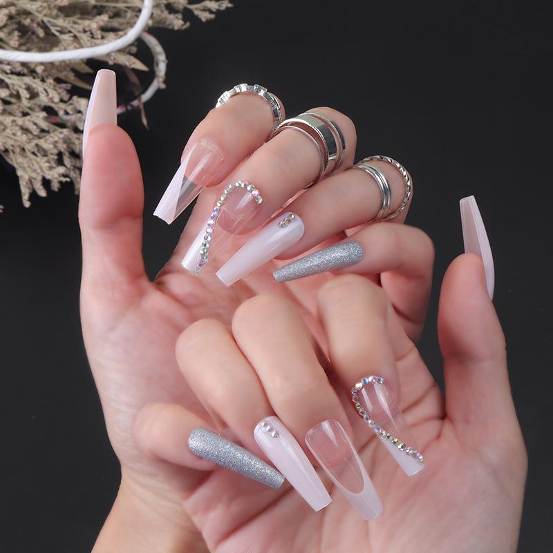 24Pcs Marble Gradient Long Coffin False Nails Detachable Wearable Gold Foil Ballerina Fake Nails Full Cover Nail Tips Press Glue