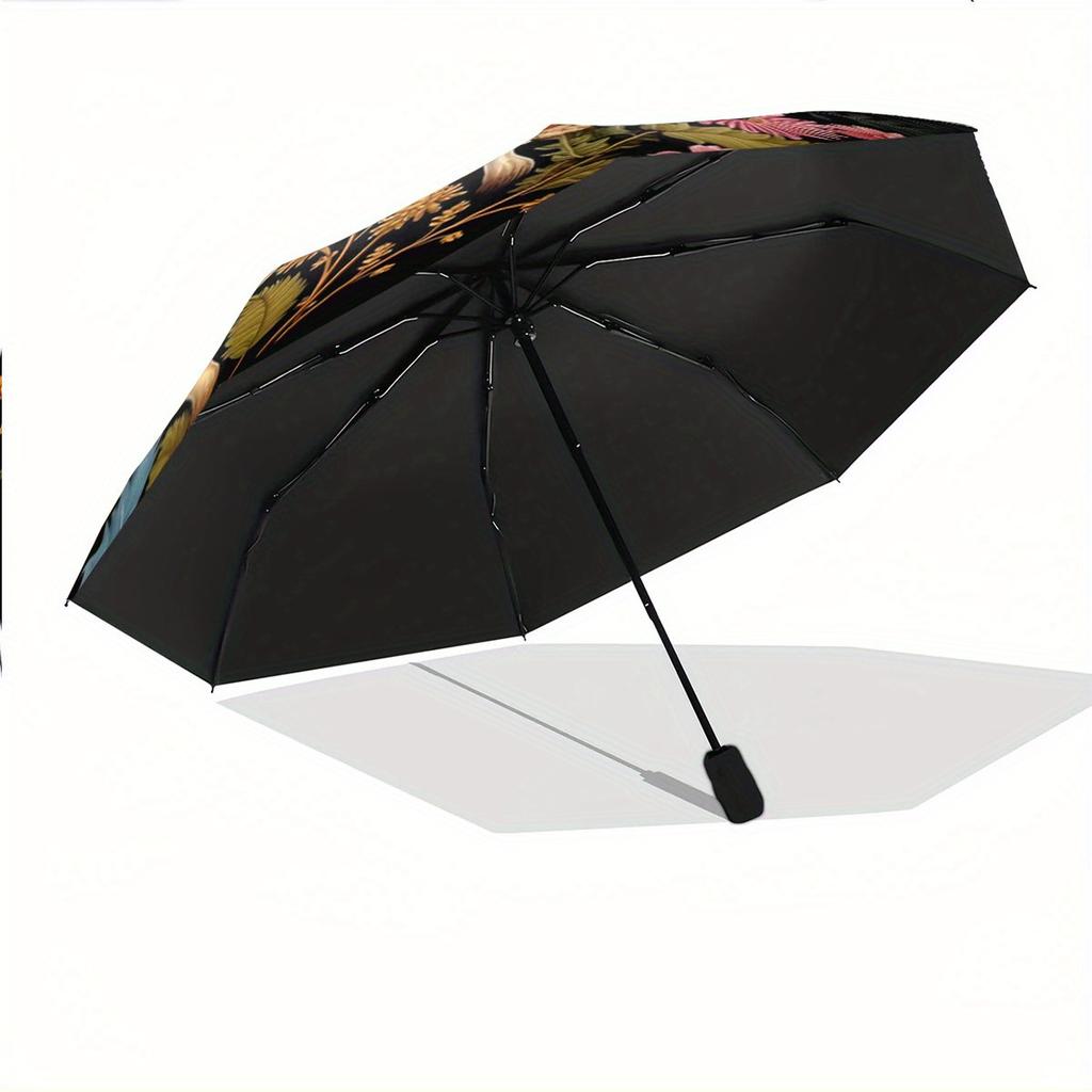 Automatic Folding Umbrella The Umbrella Has a Pattern of Colorful Mushrooms and Botanical Designs. Portable Collapsible Design