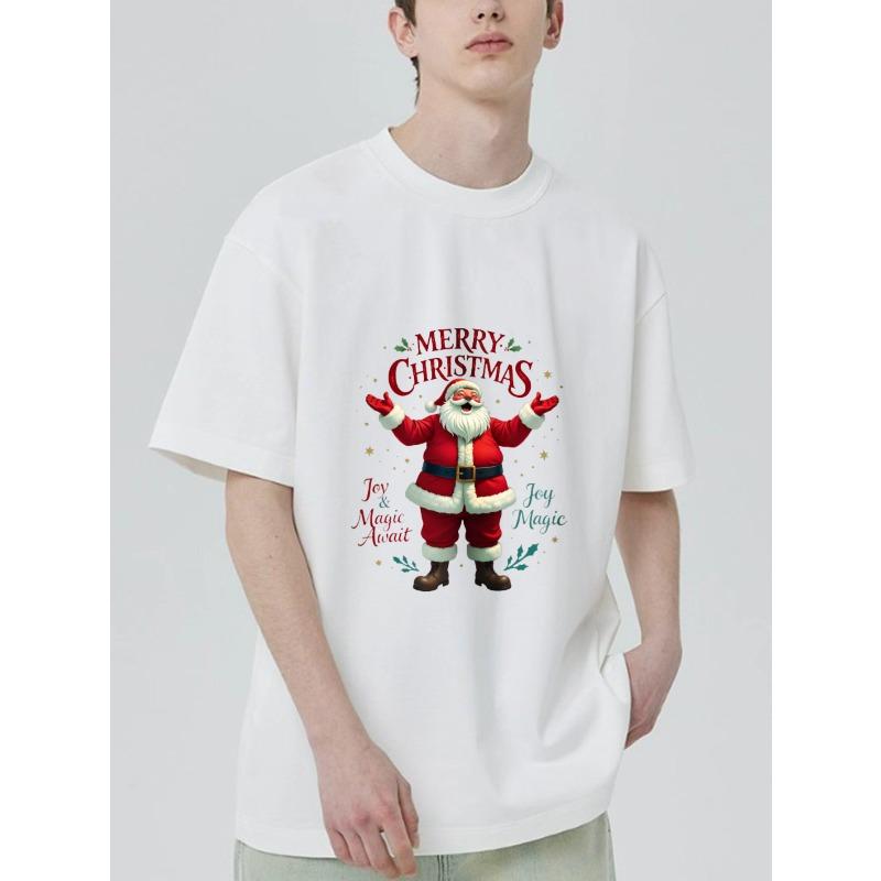 Christmas T-Shirt Black Santa Claus Merry Christmas Joy and Magic Await Holiday Party Wear
