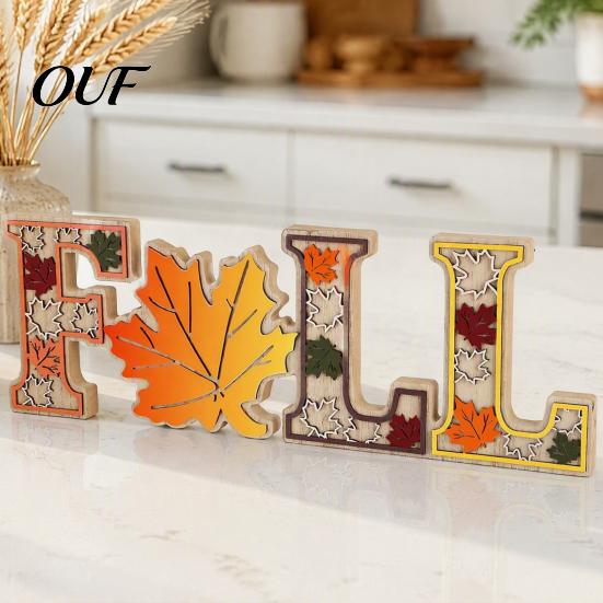 Autumn Harvest Party Ornaments 4Pcs/Set Fall Wooden Tabletop Signs, Maple Leaf Letter Decorations for Seasonal Holiday Supplies Tiered Tray Fireplace