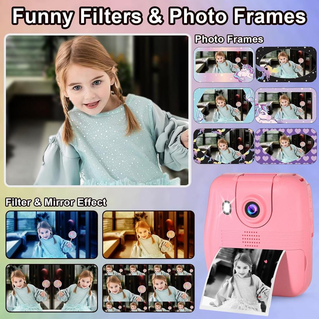 GKTZ Kids Camera Instant Print - 1080P HD Instant Print Photo - Christmas Birthday Gifts for Age 4 5 6 7 8 9 10 Girls Boys - Portable Toy with 3