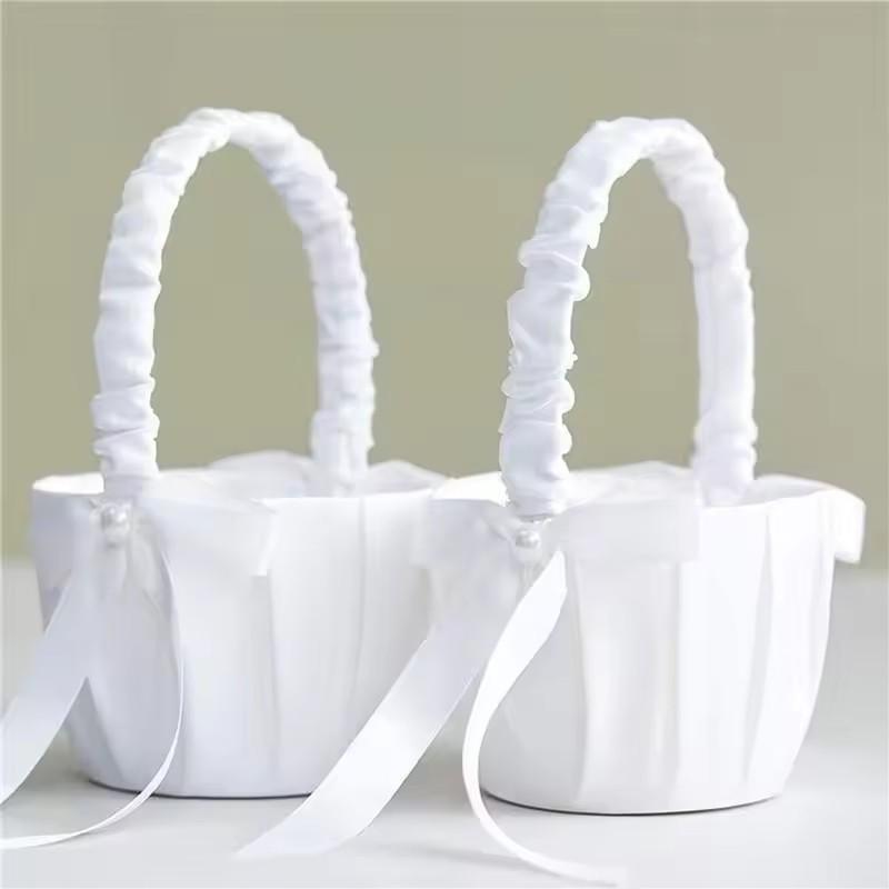 20 Cm White Flower Girls Basket Silk Kids Hand Held Wedding Basket Pearl Bow Wedding Ceremony Party Decorations