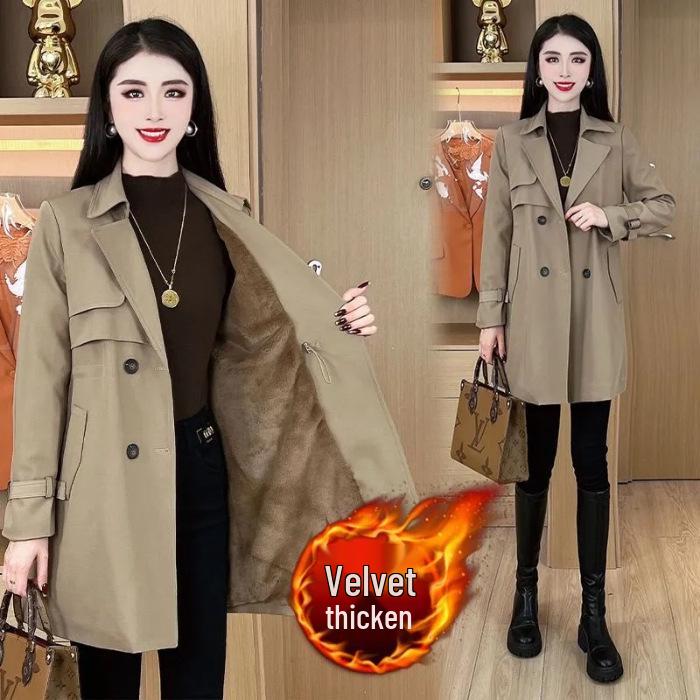 

Женское приталенное пальто-ветровка с флисовой подкладкой - 2024 Осень/Зима Теплое пальто средней длины 2XL хаки