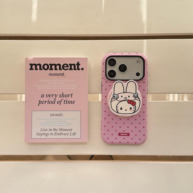 Japanese Korean Pink Polka Dot Magnetic Phone Case for iPhone 15 Pro/16 Pro Max, Small Rabbit Design