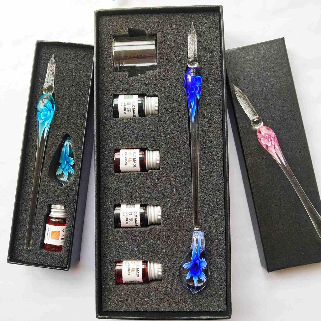 Embedded Flower Glass Pen Set, Colored Dipping Pen, Street Vendor Gift Box, Signature Pen, Glass Pen Gift