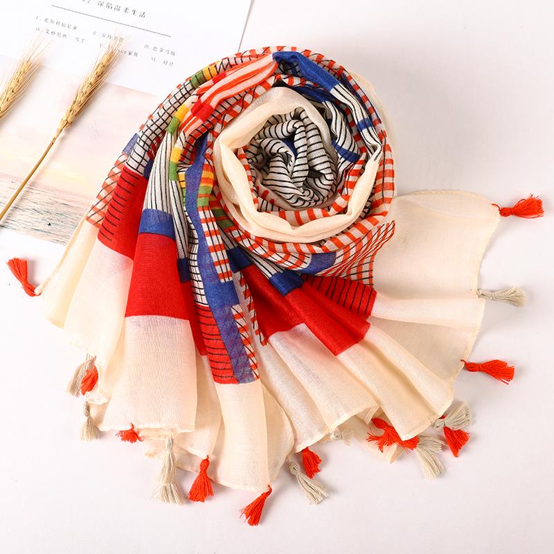 2024New Ethnic Print Beach Travel Scarf Women Tassel Fringed Shawl Seaside Holiday Sunscreen Beach Scarves 180*90cm