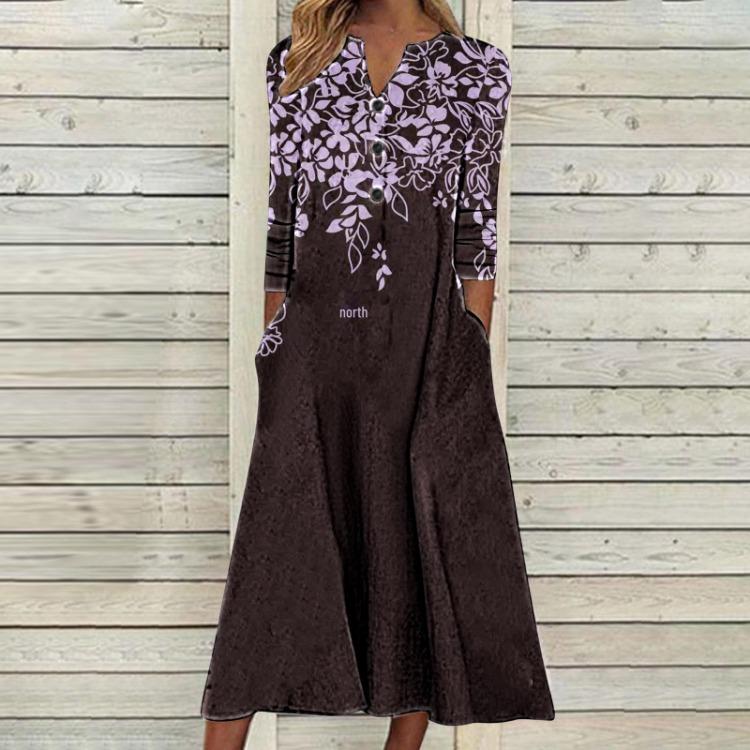 2023 Autumn Women Printed Maxi Dress Long Sleeve Open Chest Skirt Fashion Trendy