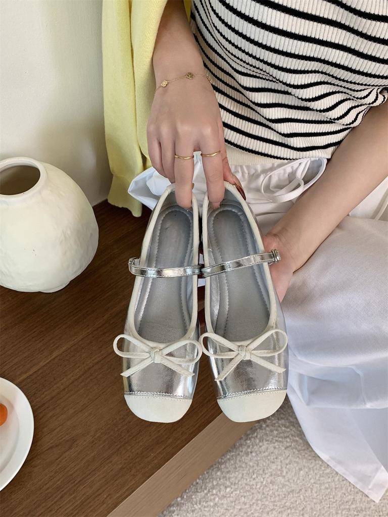 Soft Cute Candy Color Inner Height Increase Round Head Splicing Bow Mary Jane Single Shoes Women's Shallow Mouth Grandma Shoes