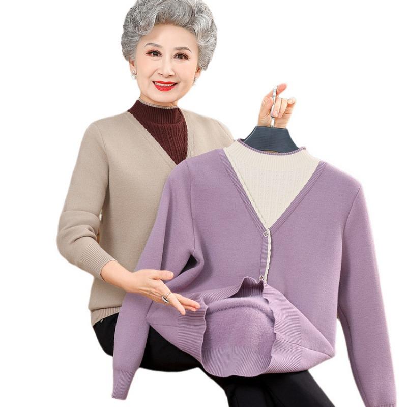 Semi-turtleneck sweater female grandmother fake two-piece thickened knitted sweater new autumn and winter velvet knitted bottoming sweater