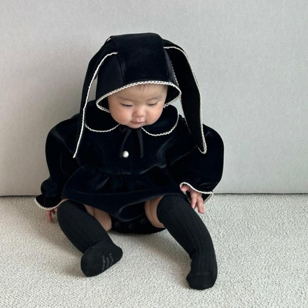 Baby Mädchen Samt Rundhals Langarm Strampler mit Hasenmütze