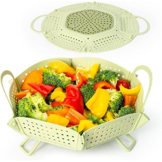 Складная силиконовая корзина-пароварка, Большая силиконовая корзина-пароварка для овощей с ручками, Без BPA, Расширяемая для различных сковородок, Нескользящие ножки,