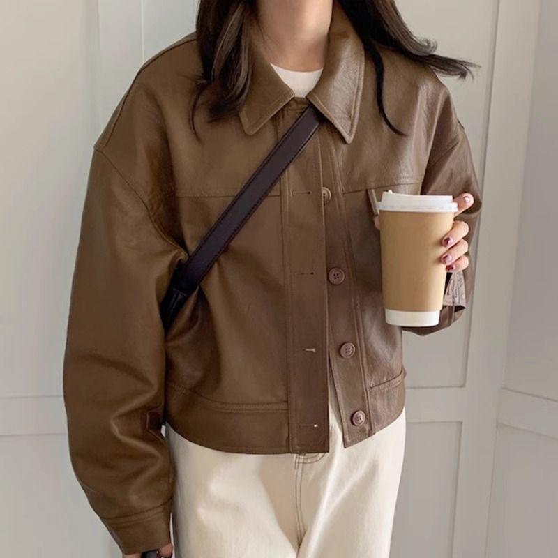 Women's European Style Brown PU Leather Jacket - Retro Petite Spring/Autumn 2025