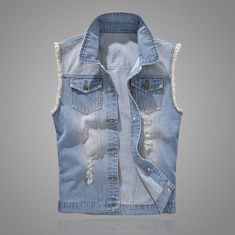 Men's Slim-Fit Light-Colored Ripped Denim Vest - Korean Style Sleeveless Jacket