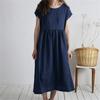 Medium Length Skirt, Round Neck, Short Sleeved Solid Color, Loose Casual Cotton and Linen Dress for Women