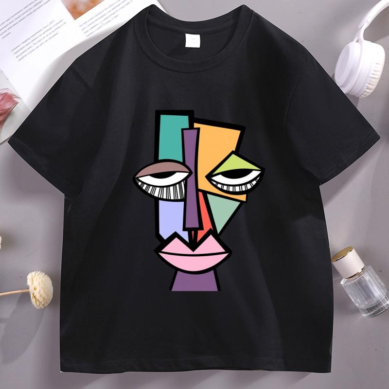 Abstract Face Funny Tshirt Unisex Women Cool Loose Print O Neck Tops Male Short Sleeve Tee Shirts Streetwear Printed Tops