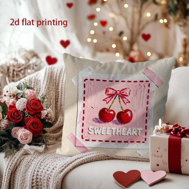 Cherry & Sweetheart: 2D Flat-Printed Decorative Pillow Cover Pattern Cushion Cover Suitable for Sofa Bedroom Car Pillow Cover