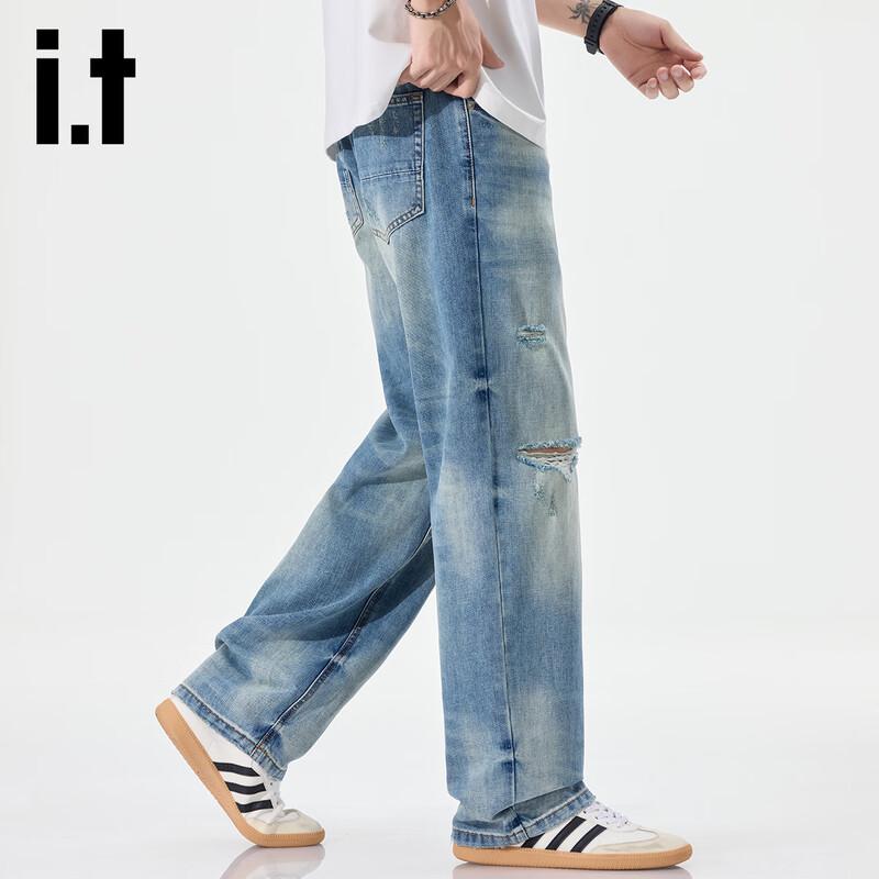 Izzue It Men's American Street Style Ripped Loose Straight Jeans