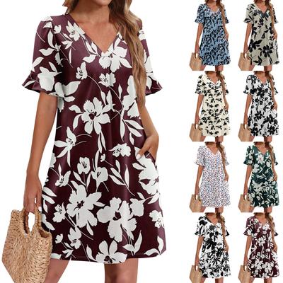 Summer Dresses For Women V Neck Ruffle Short Sleeve Casual Loose Printing Dress Beach Dress With Pockets