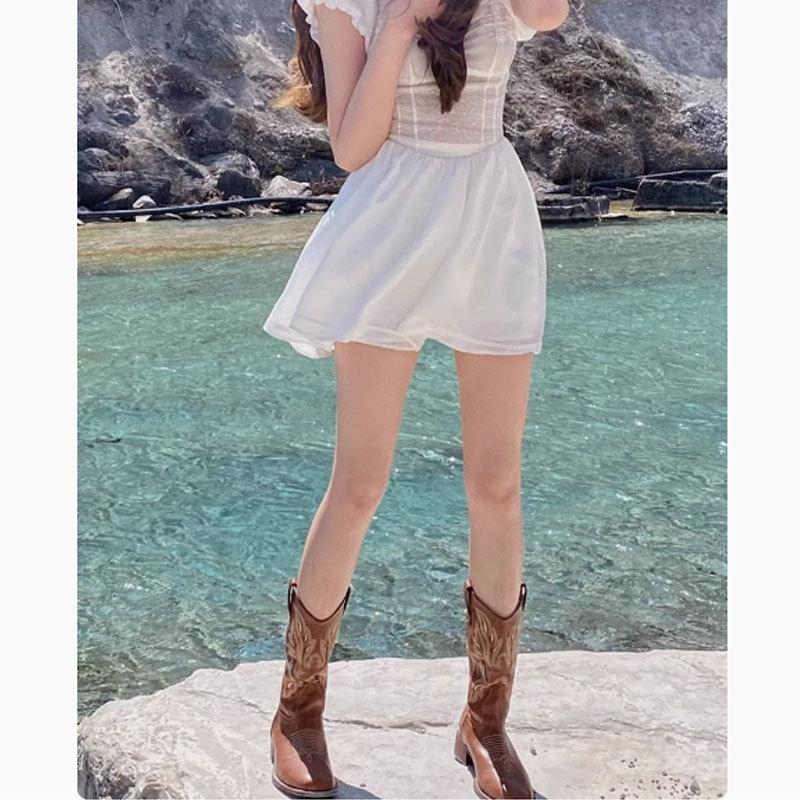 New Genuine Leather Western Cowboy Boots Embroidered Knight Boots Women's Square Toe Retro Thick Heel Midsole Boots Summer