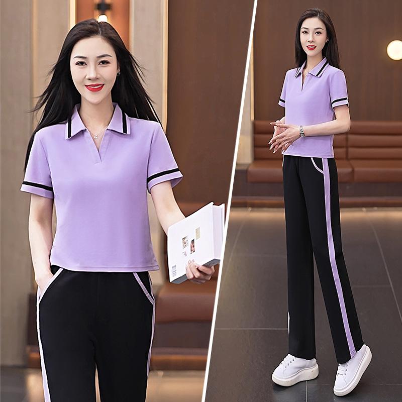 Dámský letní volný ležérní sportovní set se krátkým rukávem a stojáčkem, dvoudílný set