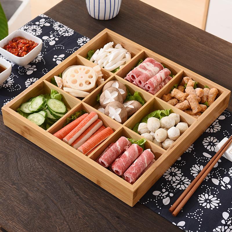 Bamboo and Wood Dining Plate Nine-grid Tray Hotpot Restaurant Partition Plate with Bowl Set Creative Tableware Special Hotpot Vegetable Plate