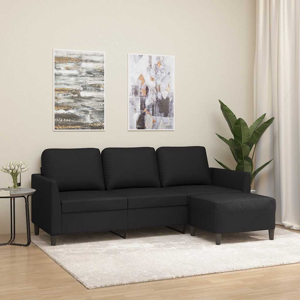 3 Seater Sofa with Ottoman Black 180 Cm Faux Leather