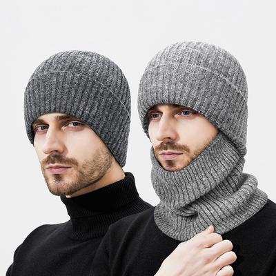 Chapéu de Lã Quente Tricotado de Inverno Masculino para Exterior à Prova de Vento Frio Conjunto de Pescoço de Fleece Chapéu de Lã de Duas Peças