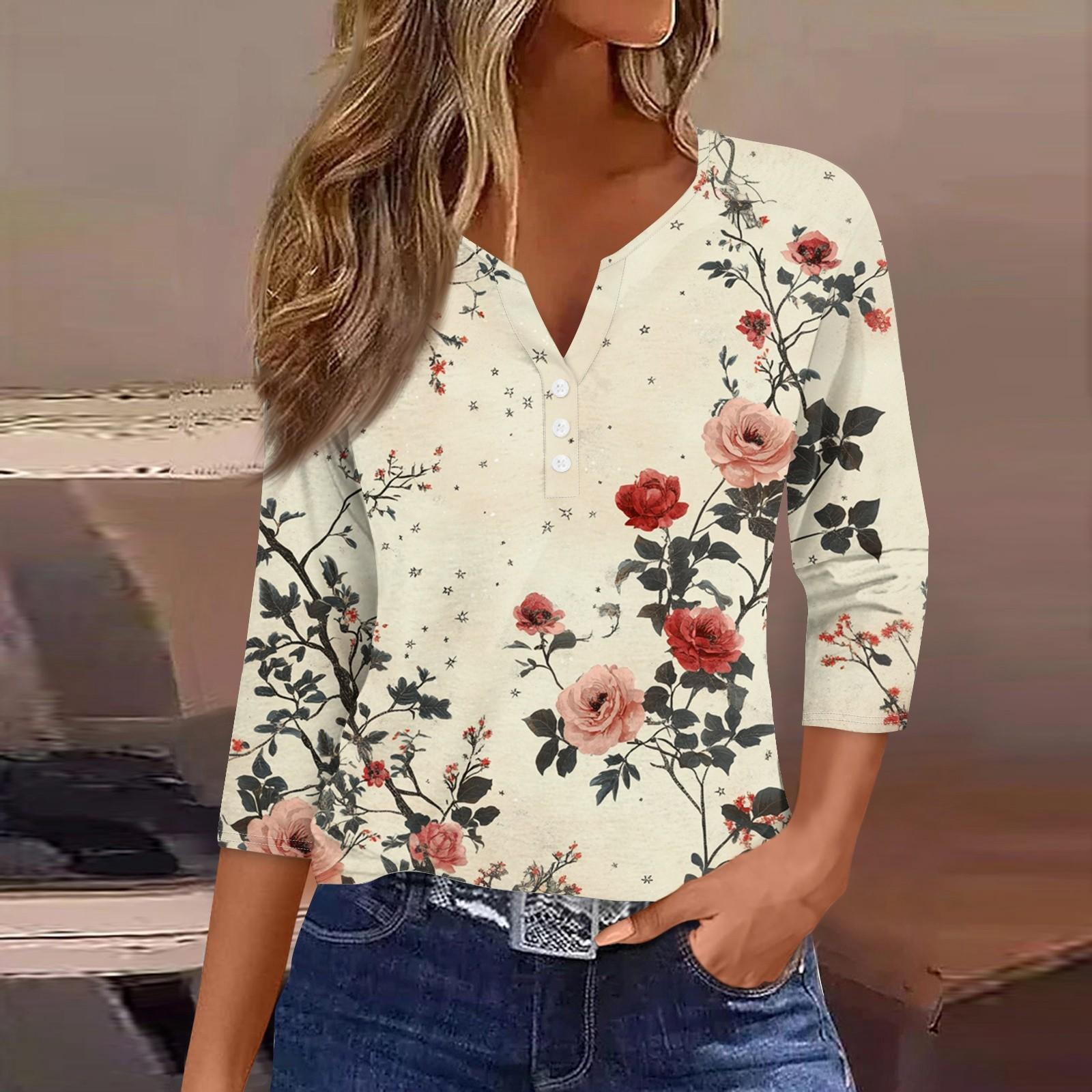 

Женская модная повседневная футболка с цветочным принтом, V-образным вырезом, декоративными пуговицами и рукавом три четверти XL